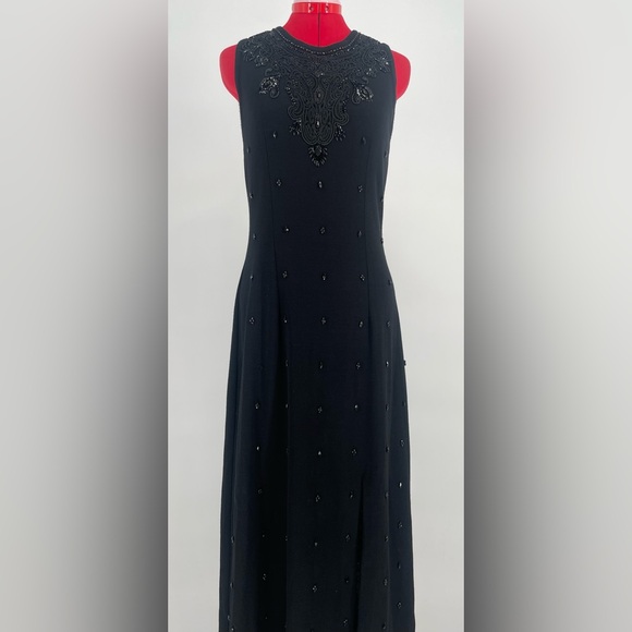 90s Carole Little Wool Blend Knit Maxi Dress With Beaded Embellishments - Picture 1 of 13